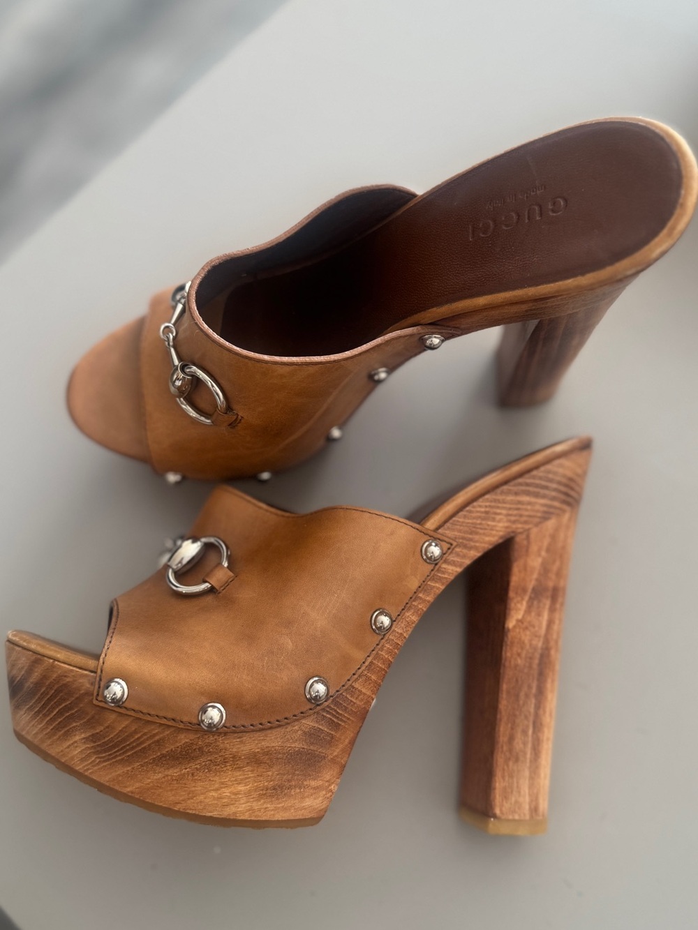 Gucci Tan Leather Platform Clog Heels with Silver Hardware - Picture 6 of 7